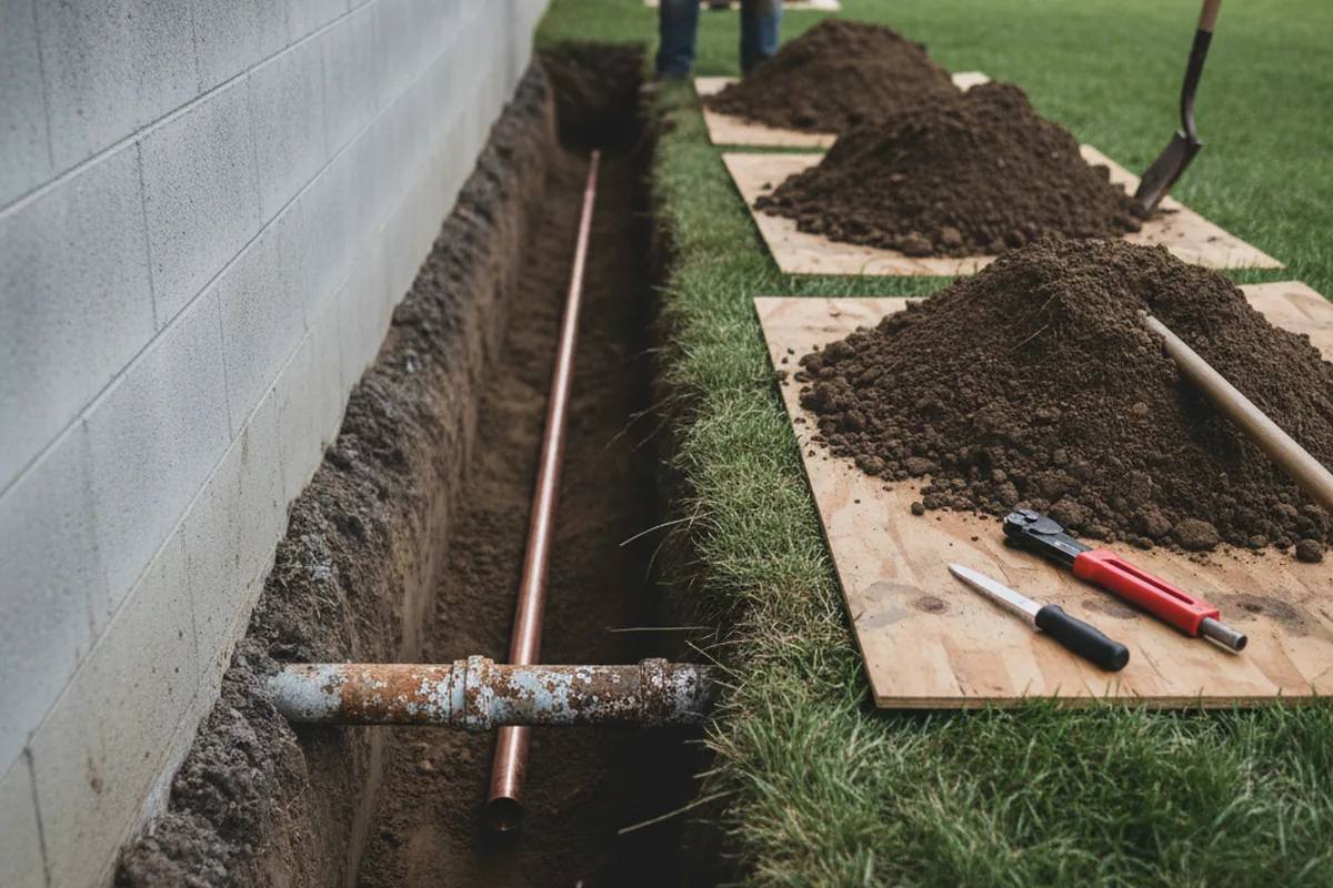 Excavated water line trench during Water Softener Installation in Elk Horn